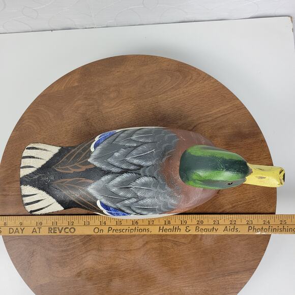 Vintage Signed Wood Carved Peabody Hotel Drake Mallard Duck Decoy Glass Eyes - Picture 10 of 16